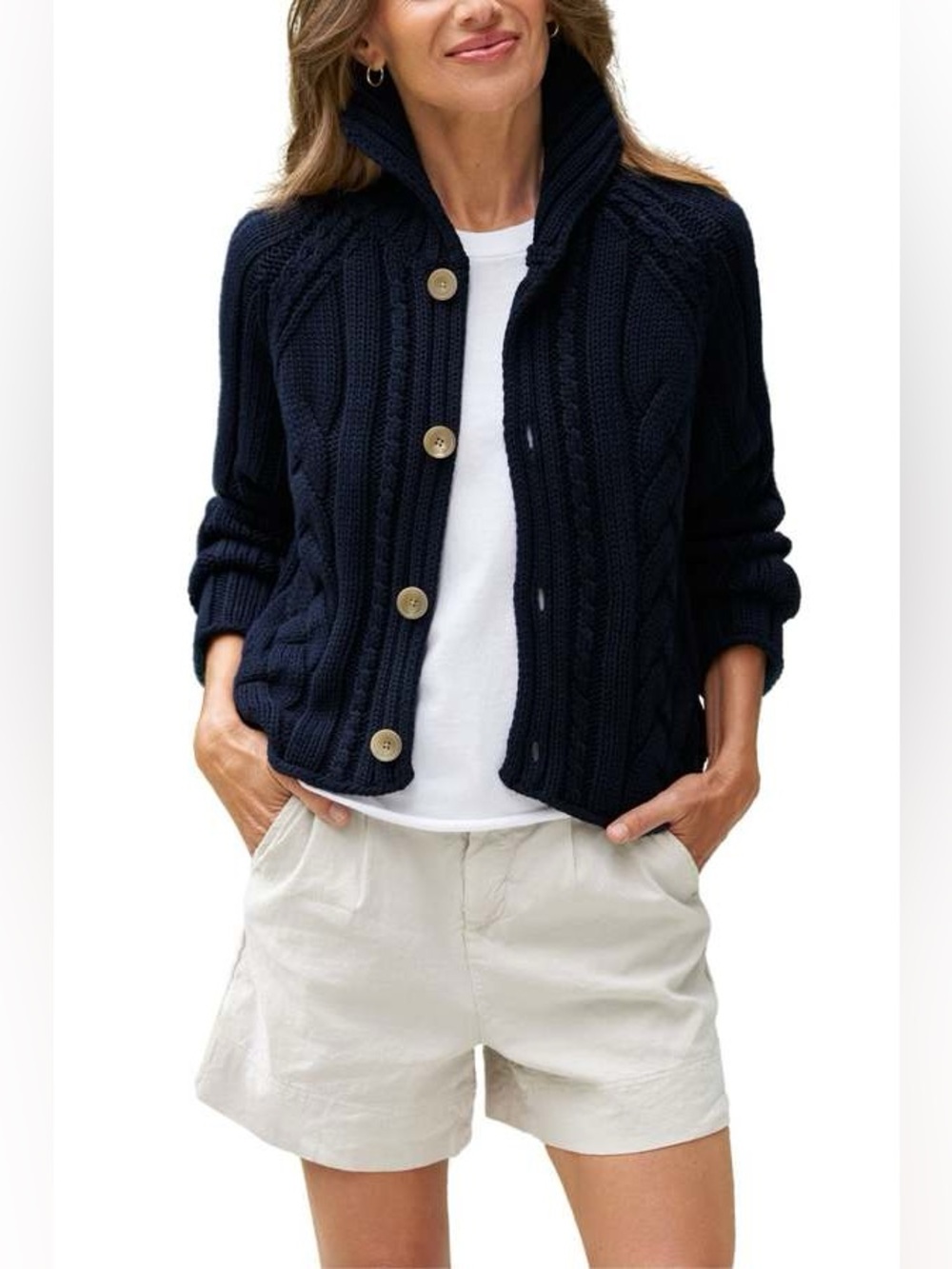 $598 Frank & Eileen Cable Knit Cotswold horn Button Cardigan in navy Blue - Picture 3 of 13